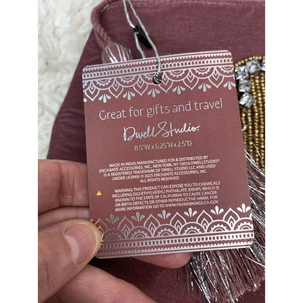 NWT Dwell Studio Pink Velvet Gold Hand Beaded Rhinestone Cosmetic Bag
